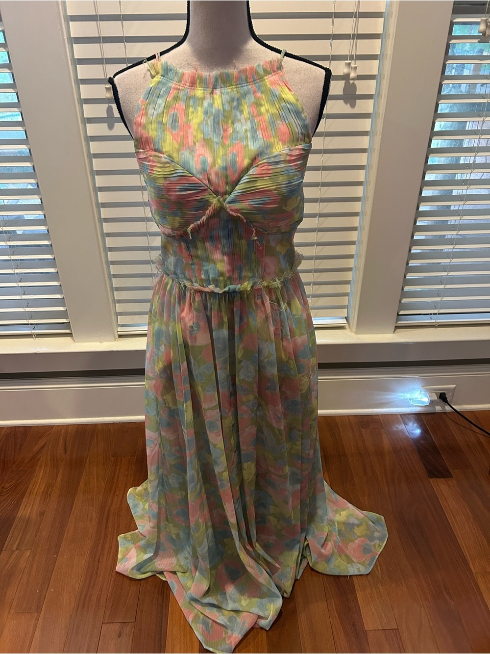J. Mendel Pastel Watercolor Halter Maxi Dress in Pink, Blue, Yellow, Green